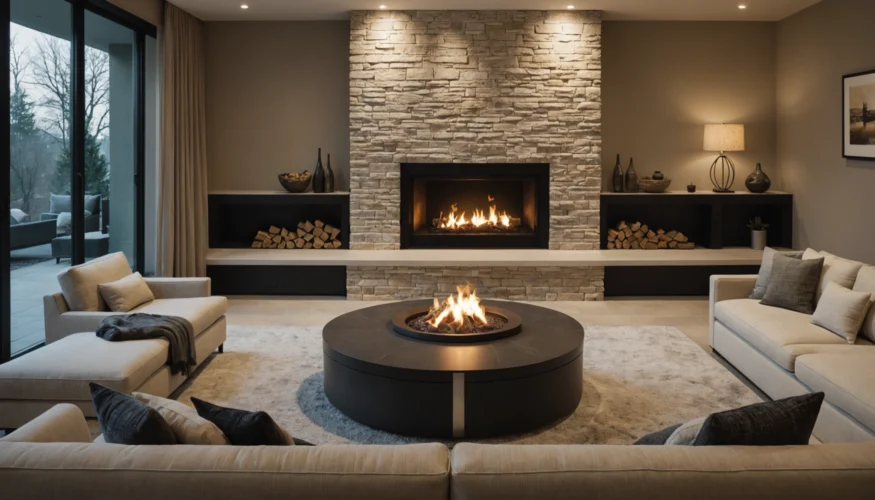 cheminée avec banc dans le salon